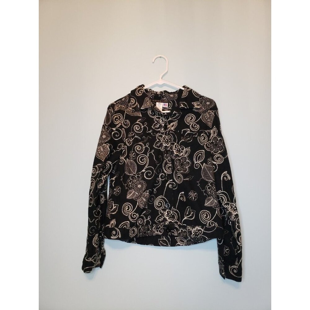 Alexis & Avery Womens S Linen Blend Jacket Top Button Front Floral Embroidered